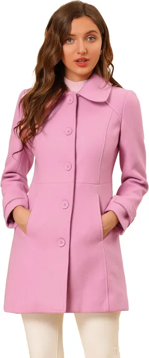 Allegra K Women's Peter Pan Collar Overcoat Winter Dressy Button Single Breasted Long Coat