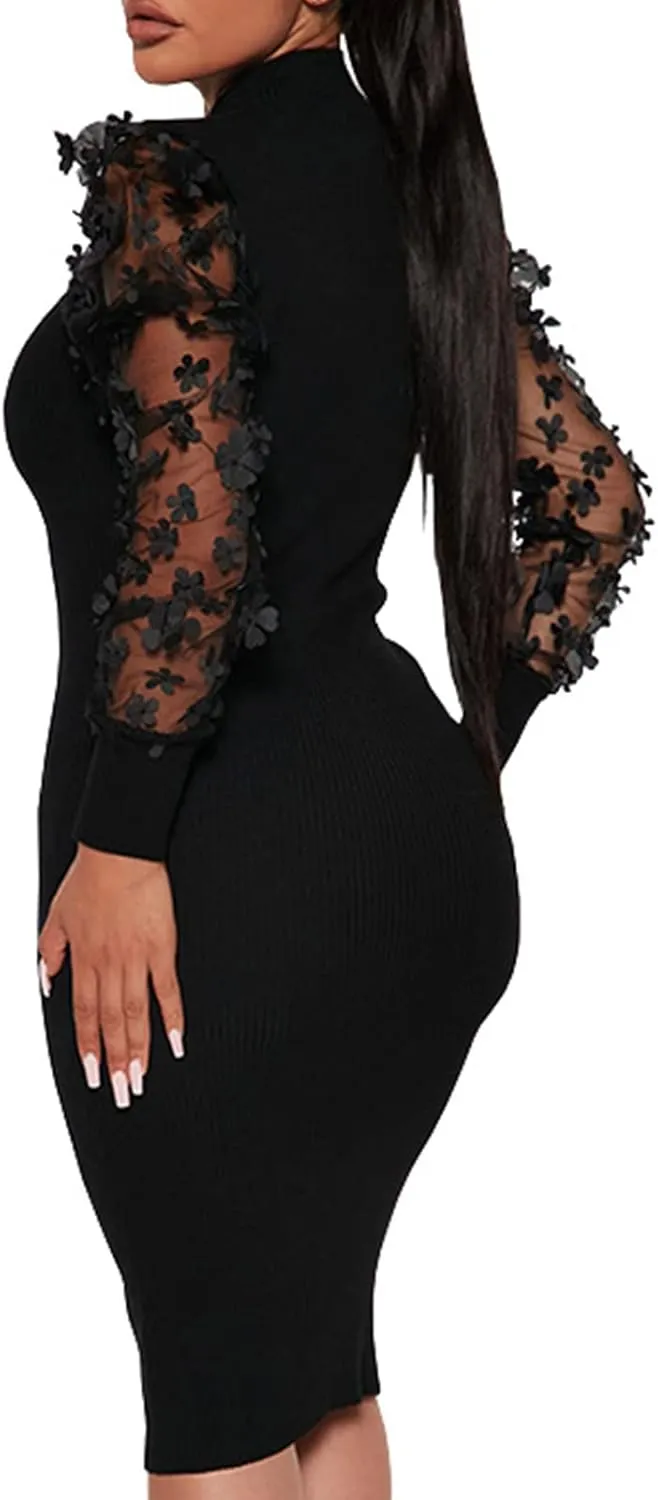 Annystore Women's Elegant Mock Neck Sheer Long Sleeve Mesh Bodycon Dress Ribbed Club Party Pencil Midi Dresses Clubwear