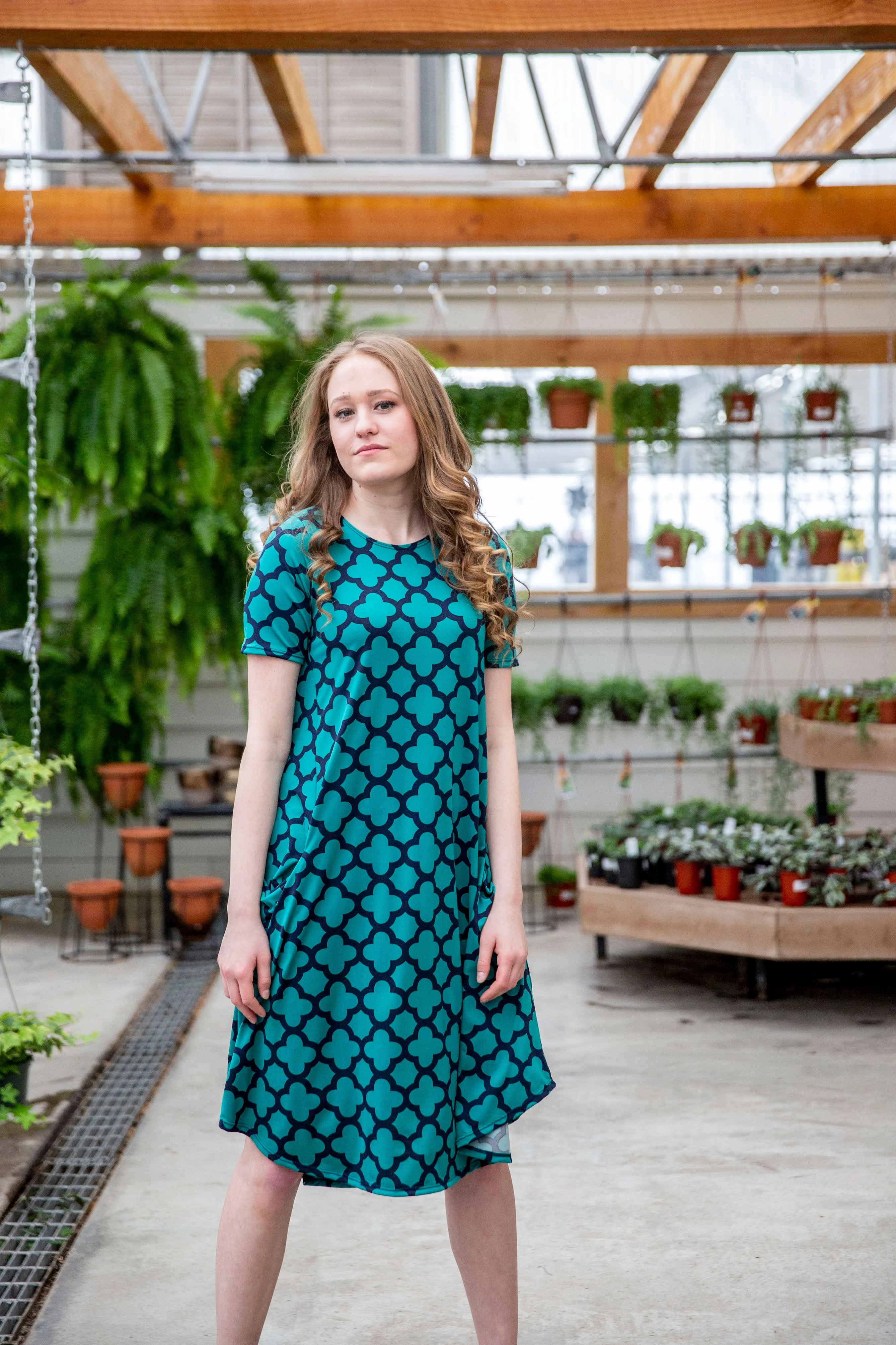 April Dress Teal & Navy Quatrefoil
