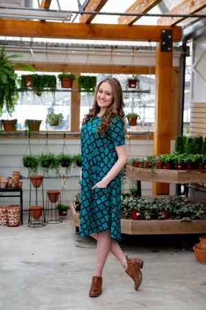 April Dress Teal & Navy Quatrefoil