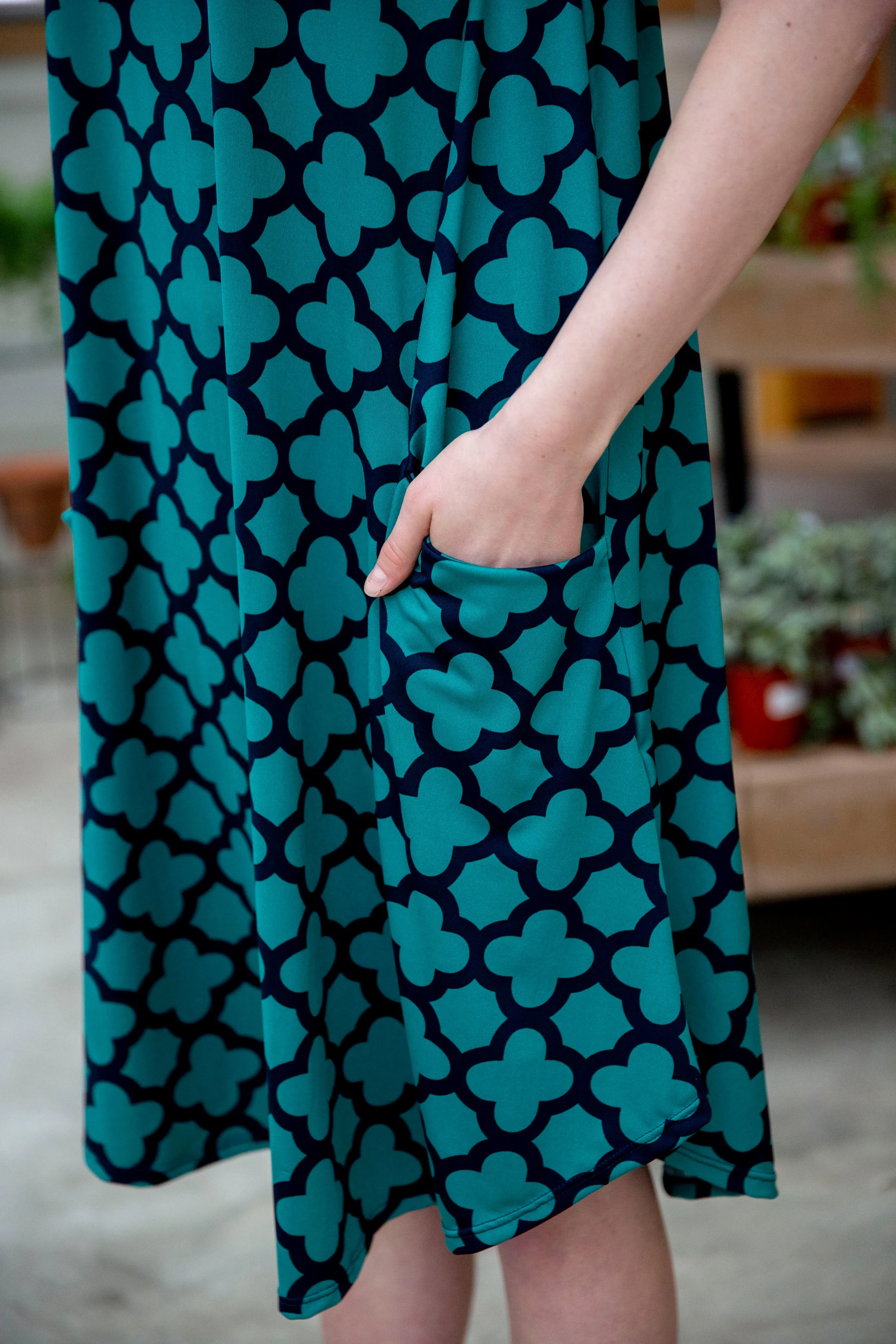 April Dress Teal & Navy Quatrefoil
