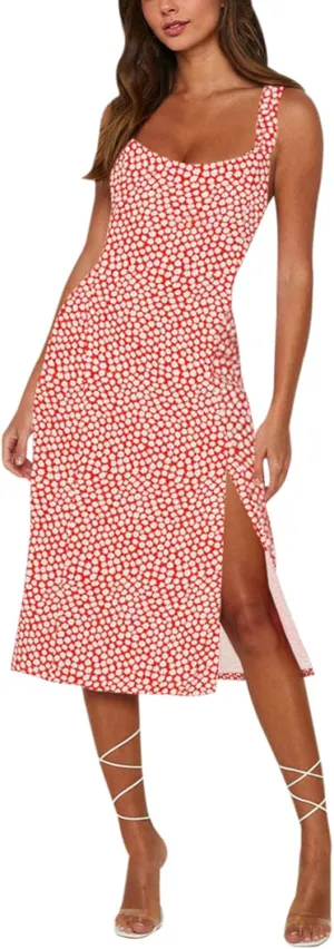 Bonkwa Women Floral Summer Dress Ruffle Strap Sleeveless Midi Sundress Square Neck Casual Slit Vacation Dresses for Women