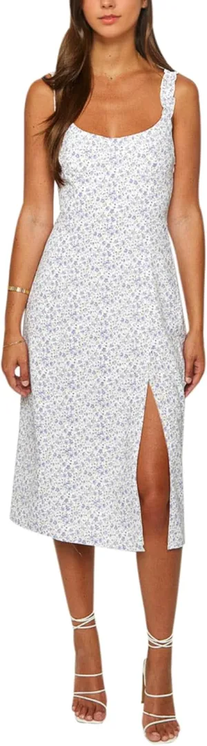 Bonkwa Women Floral Summer Dress Ruffle Strap Sleeveless Midi Sundress Square Neck Casual Slit Vacation Dresses for Women