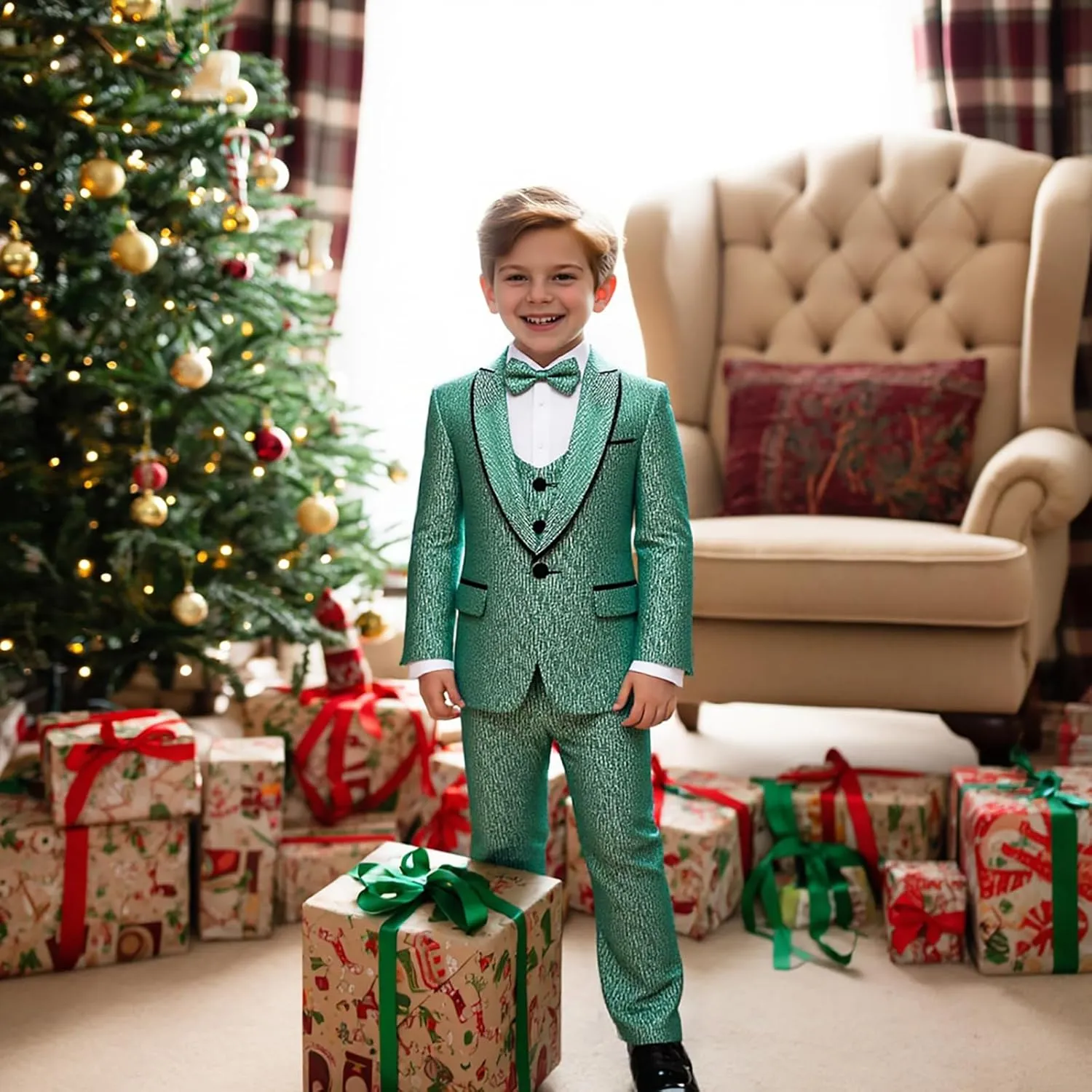 Boys Tuxedo Suit Set Shawl Lapel Striped Kids 3 Piece Slim Fit Formal Suit with Vest Jacket Pants