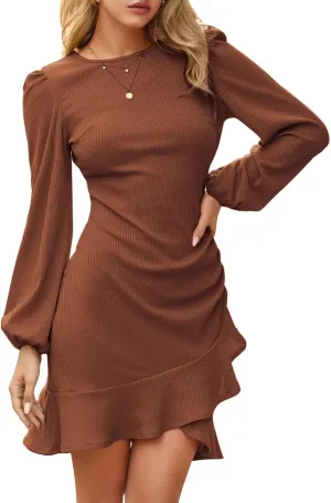 Byinns Women's 2024 Knit Sweater Bodycon Mini Dress Ribbed Long Sleeve Ruffle Hem Cocktail Party Sexy Fall Winter Dresses