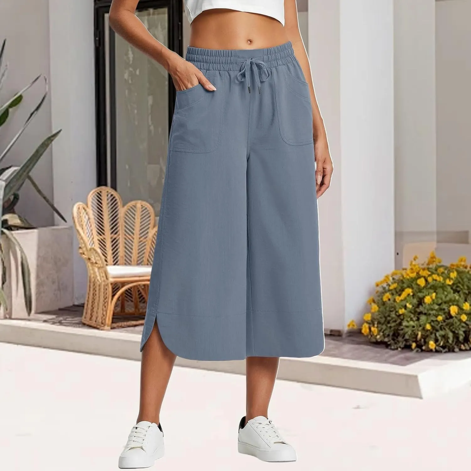 Capri Pants for Women Summer Loose High Waisted Drawstring Wide Leg Pant Casual Split Palazzo Trousers with Pockets