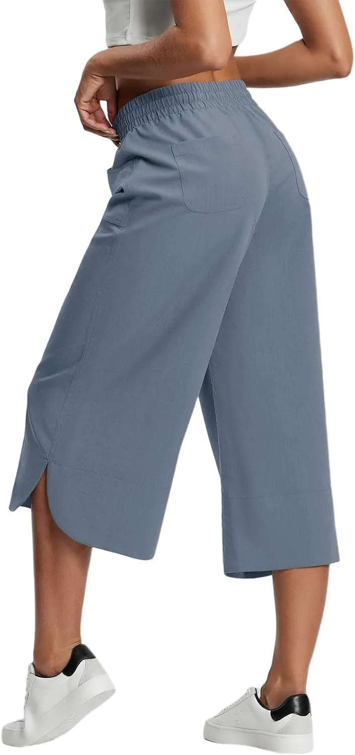 Capri Pants for Women Summer Loose High Waisted Drawstring Wide Leg Pant Casual Split Palazzo Trousers with Pockets