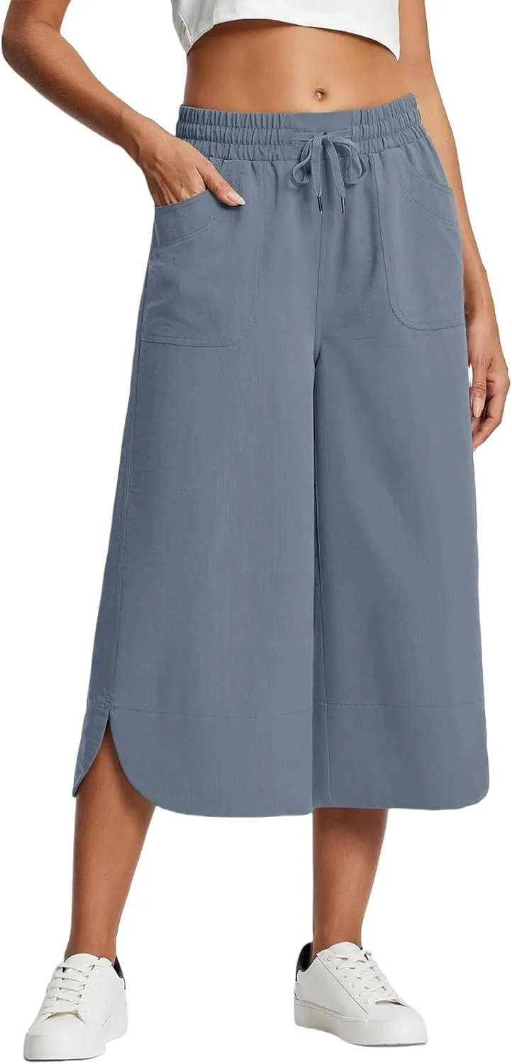 Capri Pants for Women Summer Loose High Waisted Drawstring Wide Leg Pant Casual Split Palazzo Trousers with Pockets