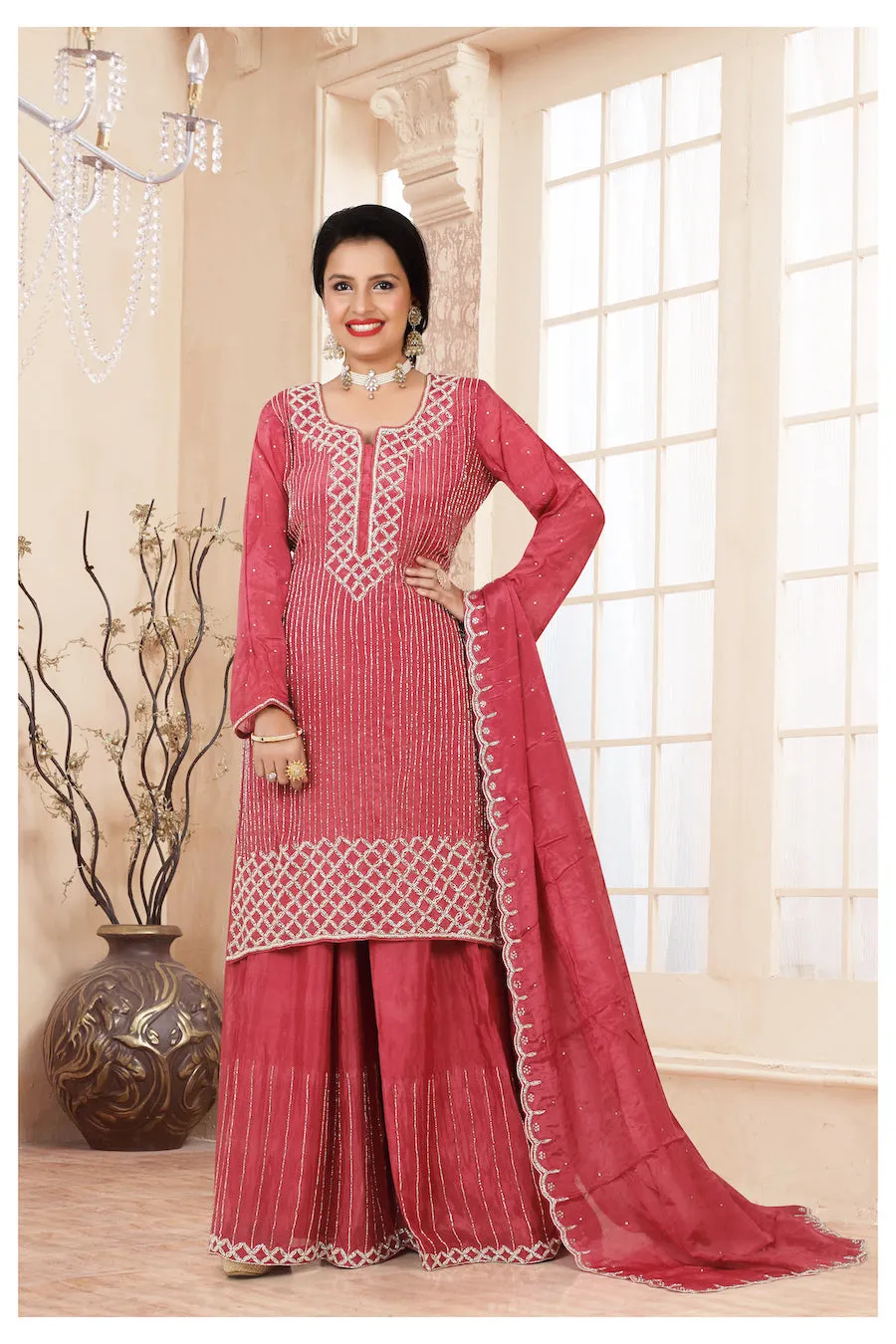 Deep Coral Gharara Suit