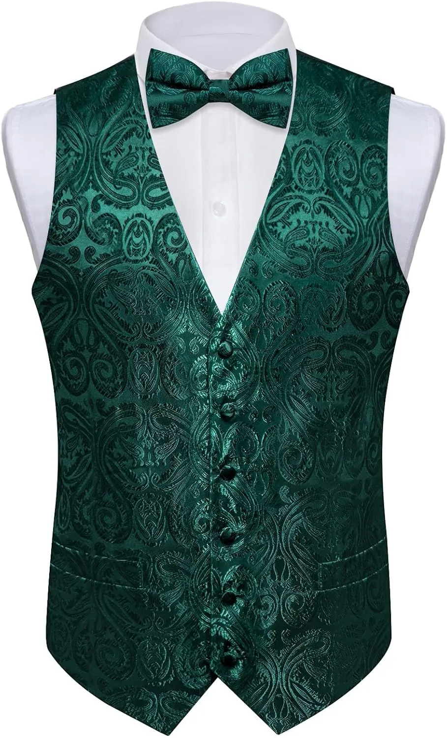 DiBanGu Silk Paisley Vest for Men Formal Suit Waistcoat and Bowtie Lapel Pin Set 7PCS Dress Vest for Suit or Tuxedo