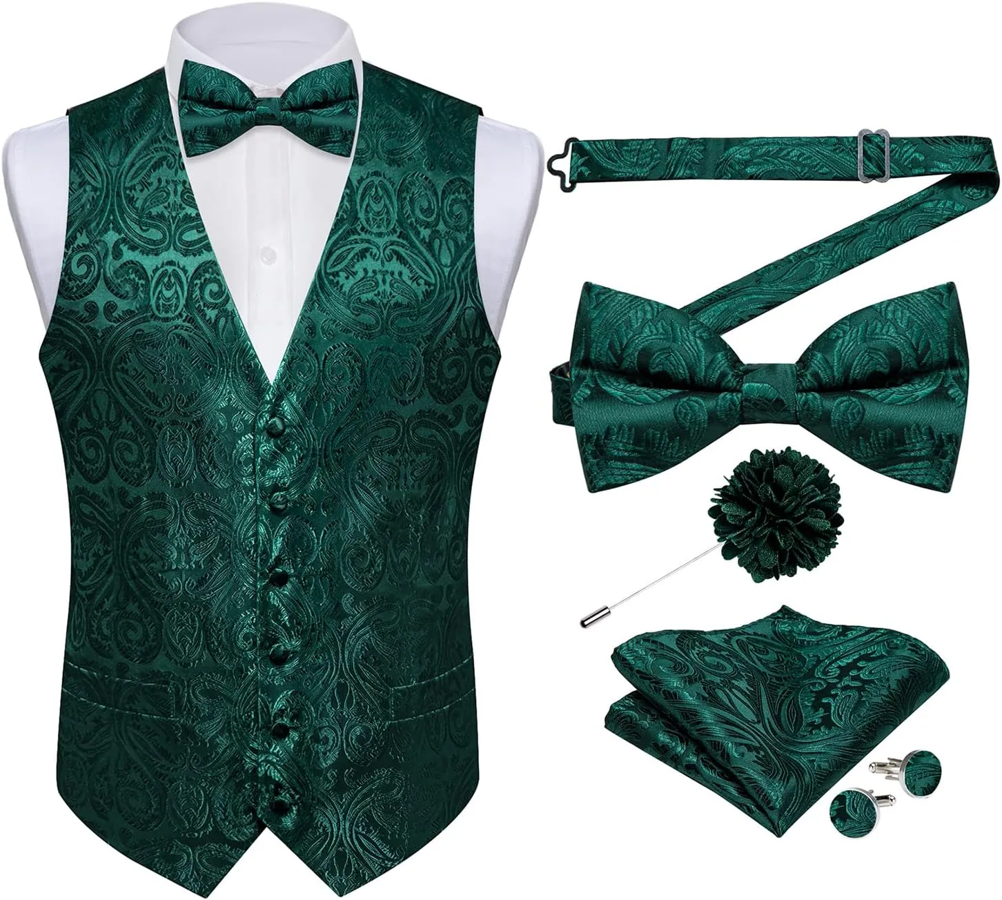 DiBanGu Silk Paisley Vest for Men Formal Suit Waistcoat and Bowtie Lapel Pin Set 7PCS Dress Vest for Suit or Tuxedo