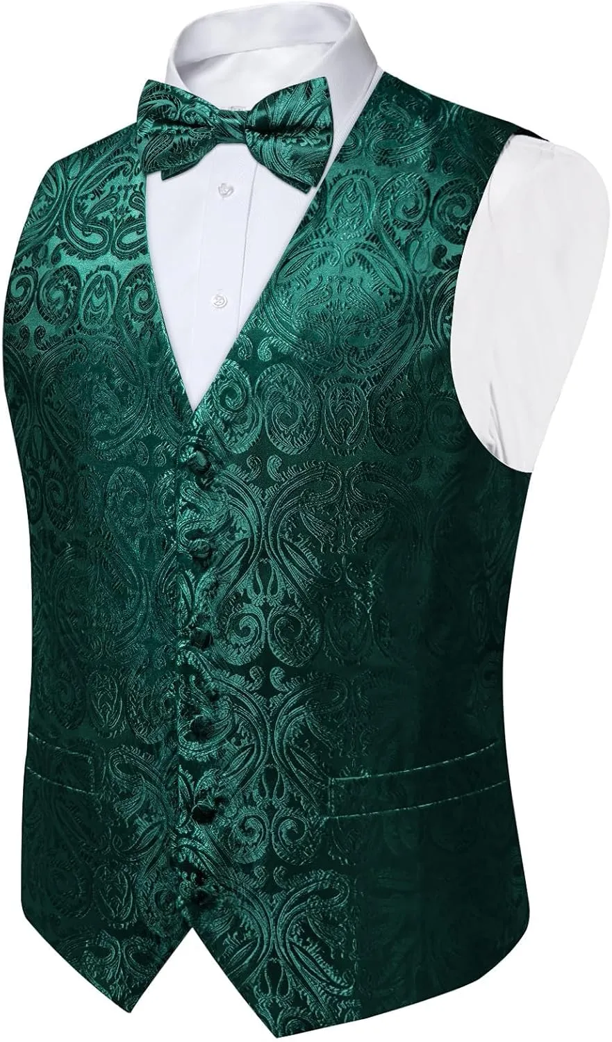 DiBanGu Silk Paisley Vest for Men Formal Suit Waistcoat and Bowtie Lapel Pin Set 7PCS Dress Vest for Suit or Tuxedo