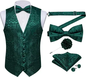 DiBanGu Silk Paisley Vest for Men Formal Suit Waistcoat and Bowtie Lapel Pin Set 7PCS Dress Vest for Suit or Tuxedo