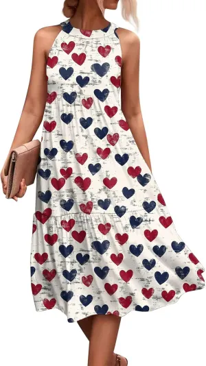 Dresses for Women 2025 Sleeveless Floral Print Tank Dresses Hanging Neck Splicing Midi Dresses Loose Sundresses