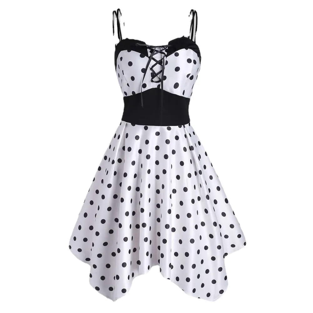European and American Hot-Selling Straps Polka Dot Dress Refreshing Suspenders Irregular Big Skirt 9496 Direct Wholesale