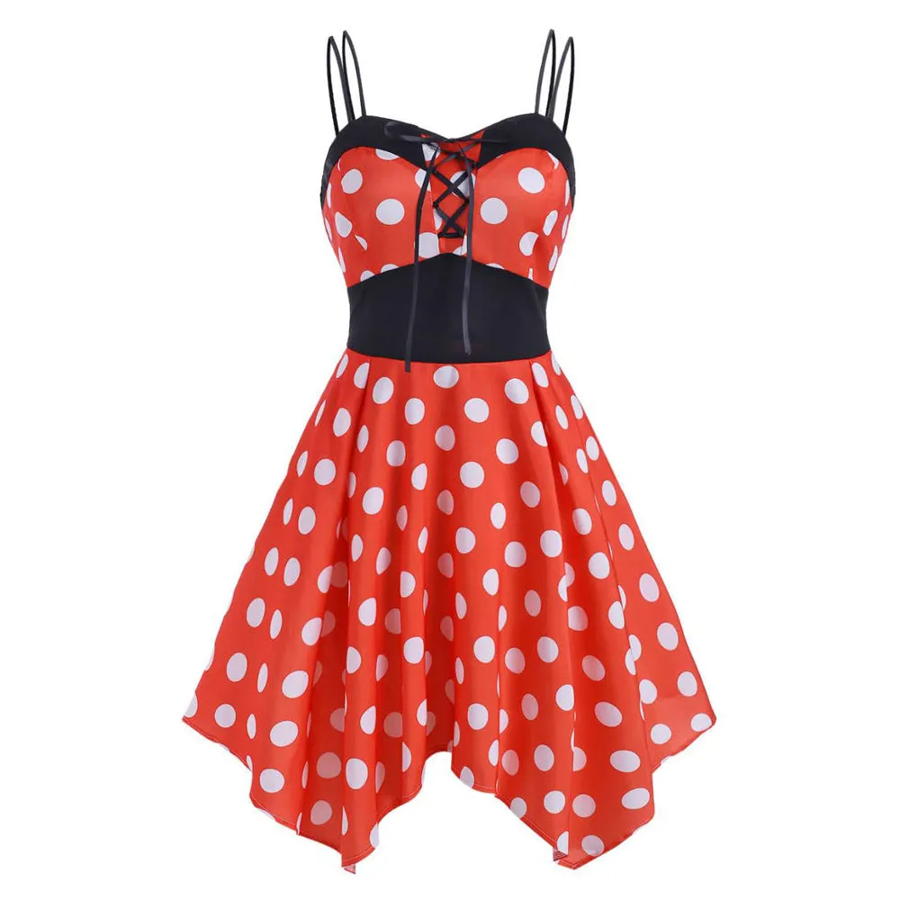 European and American Hot-Selling Straps Polka Dot Dress Refreshing Suspenders Irregular Big Skirt 9496 Direct Wholesale