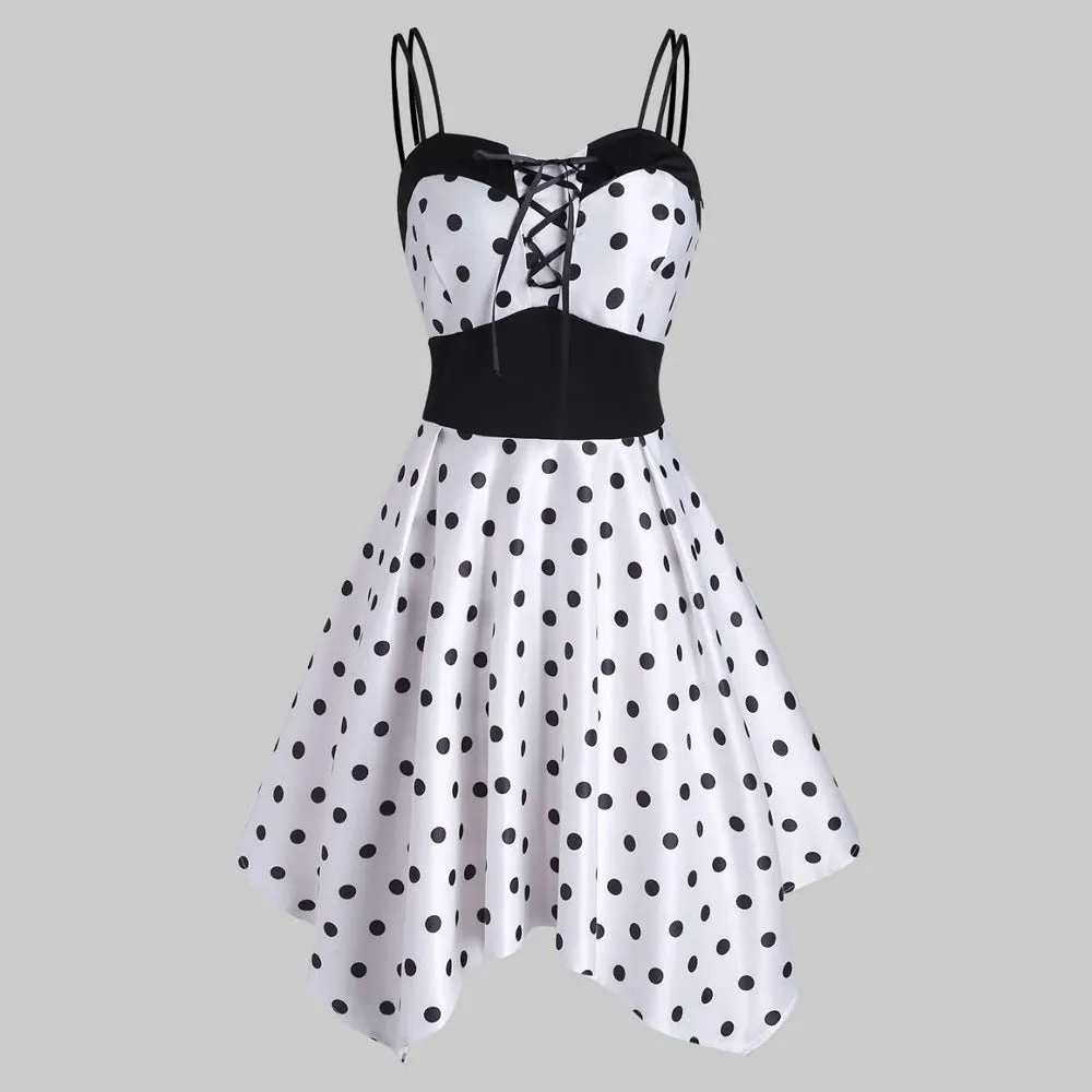 European and American Hot-Selling Straps Polka Dot Dress Refreshing Suspenders Irregular Big Skirt 9496 Direct Wholesale