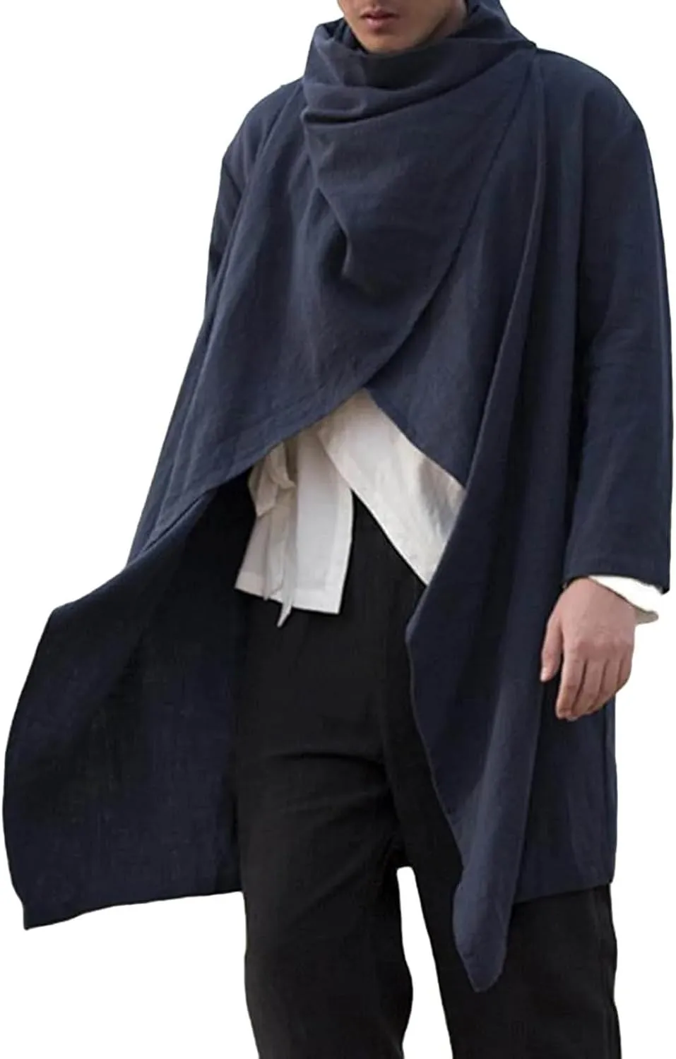 evzosrz Men's Poncho Cape Coats Irregular Hem Trench Coat Cotton Linen Lightweight Open Front Cardigans Winter Long Outwears