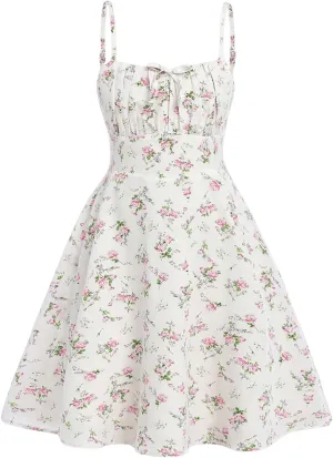 Girl's Floral Print Summer Dress Bowknot Ruched Bust A Line Cami Dress High Waist Ruffle Hem Cute Sun Dresses