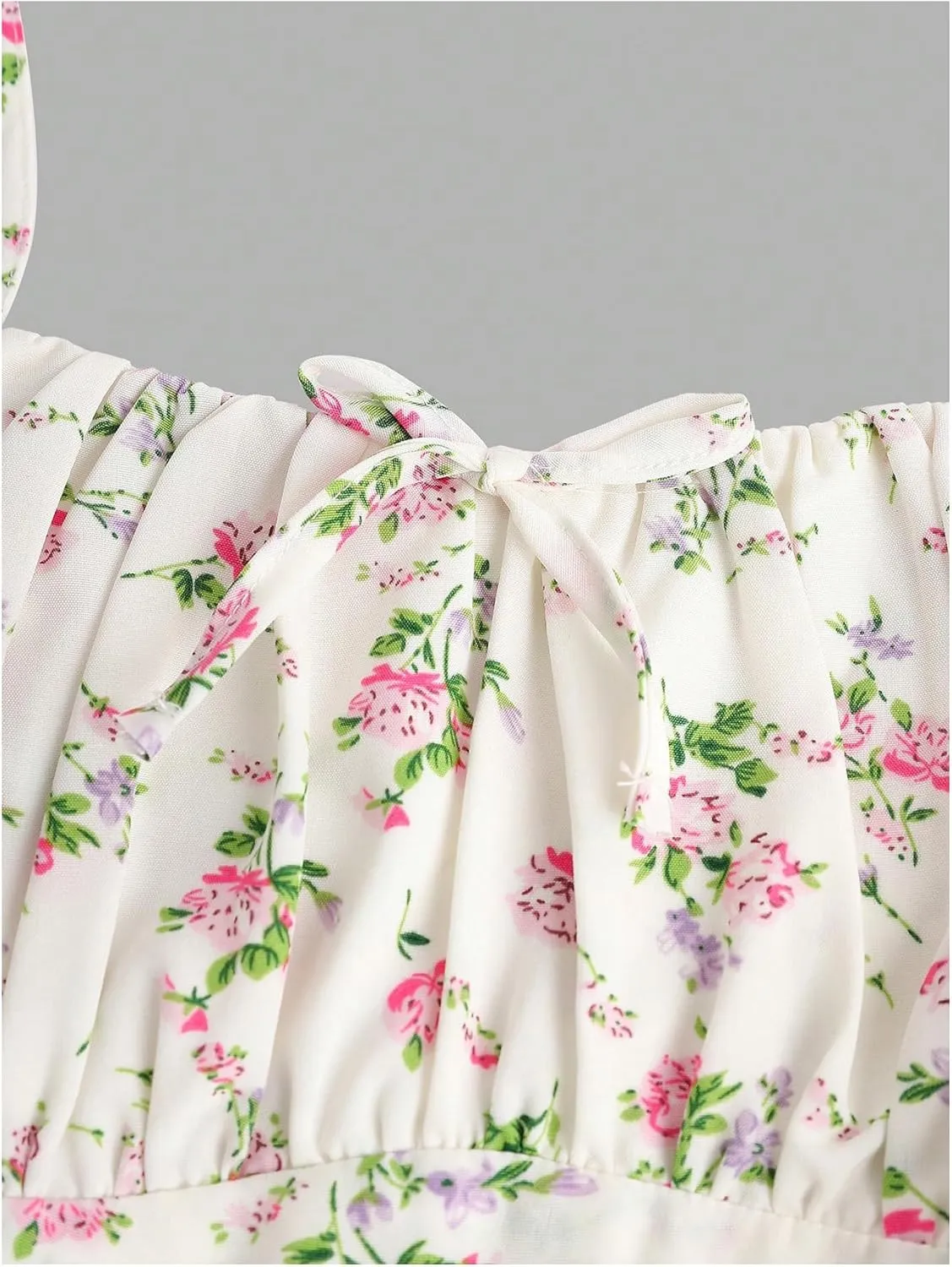 Girl's Floral Print Summer Dress Bowknot Ruched Bust A Line Cami Dress High Waist Ruffle Hem Cute Sun Dresses