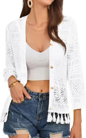 GRACE KARIN Women's 3/4 Sleeve V-Neck Boho Hollowed Out Crochet Knit Shrug Lightweight Cardigan Sweater with Tassels