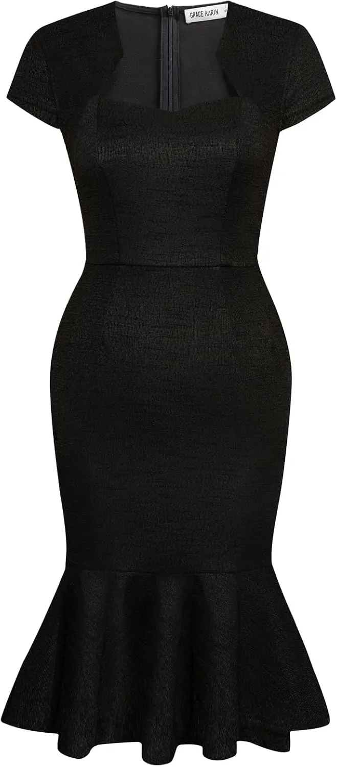 GRACE KARIN Womens Elegant Cap Sleeve Fishtail Tweed Cocktail Bodycon Dress