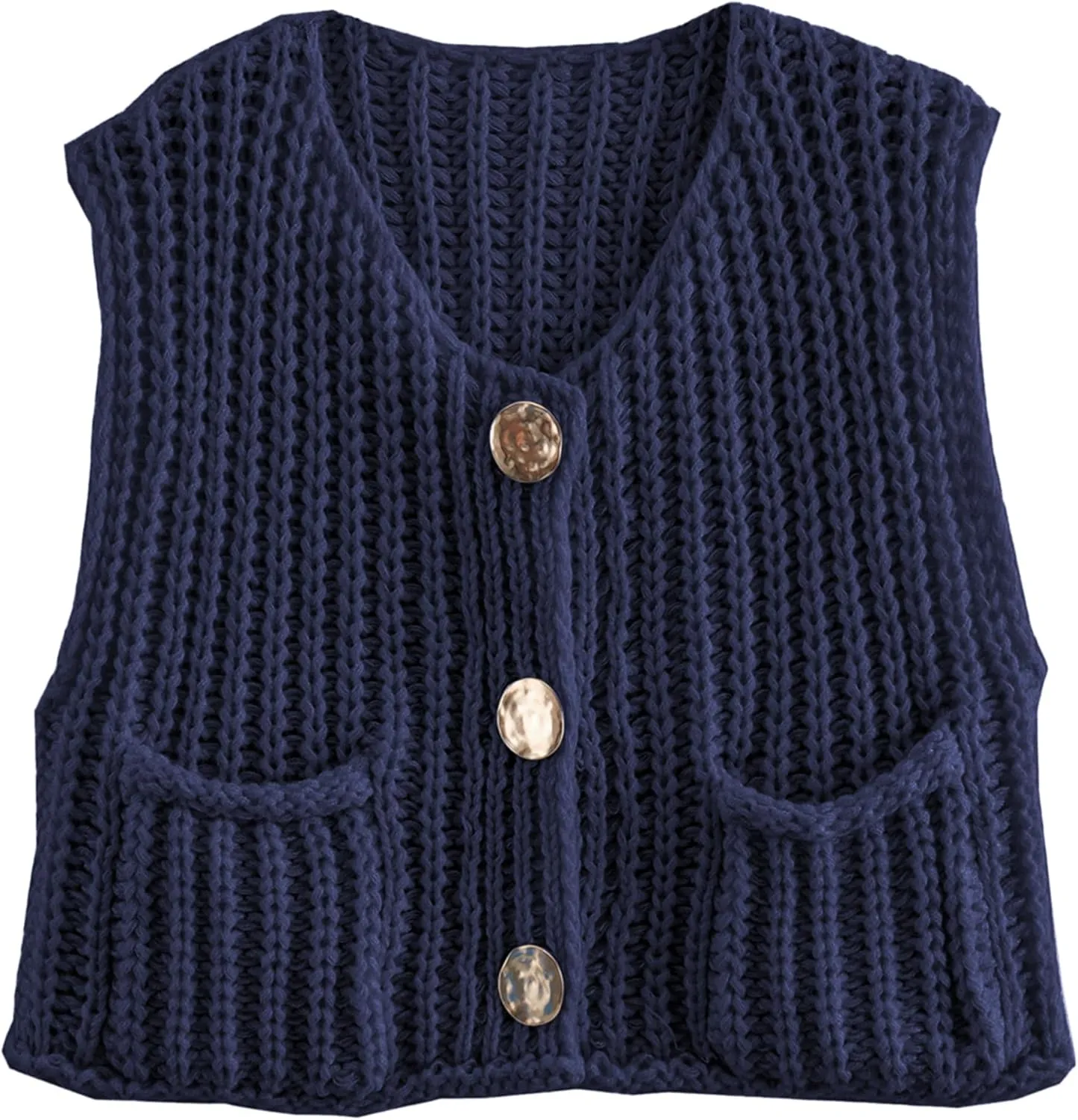 Hixiaohe Womens Crochet Chunky Knit Top Sleeveless Button Down Crop Tops Trendy Cardigan Sweater Vest for Women with Pockets