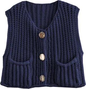Hixiaohe Womens Crochet Chunky Knit Top Sleeveless Button Down Crop Tops Trendy Cardigan Sweater Vest for Women with Pockets