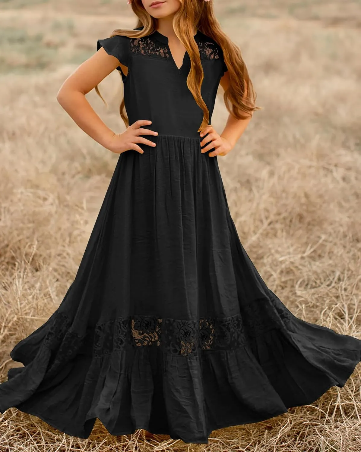 HOSIKA Girls Elegant Lace Ruffle Sleeve A-Line Formal Wedding Party Flower Girl Dress 6-12 Years