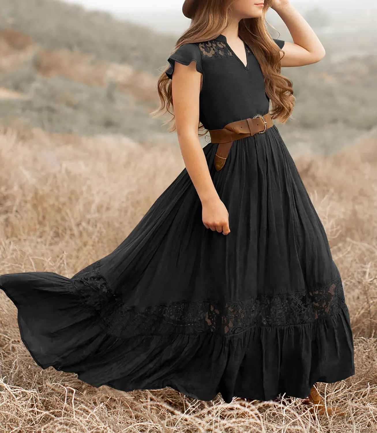 HOSIKA Girls Elegant Lace Ruffle Sleeve A-Line Formal Wedding Party Flower Girl Dress 6-12 Years
