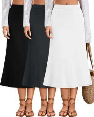 Huukeay 3 Pack Women's Midi Skirts with Pockets A Line Flared Stretchy High Waist Below Knee Skirt Dressy Summer Casual