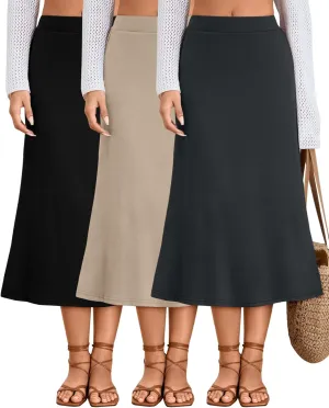 Huukeay 3 Pack Women's Midi Skirts with Pockets A Line Flared Stretchy High Waist Below Knee Skirt Dressy Summer Casual