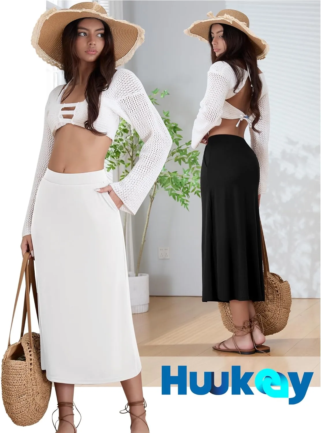 Huukeay 3 Pack Women's Midi Skirts with Pockets A Line Flared Stretchy High Waist Below Knee Skirt Dressy Summer Casual