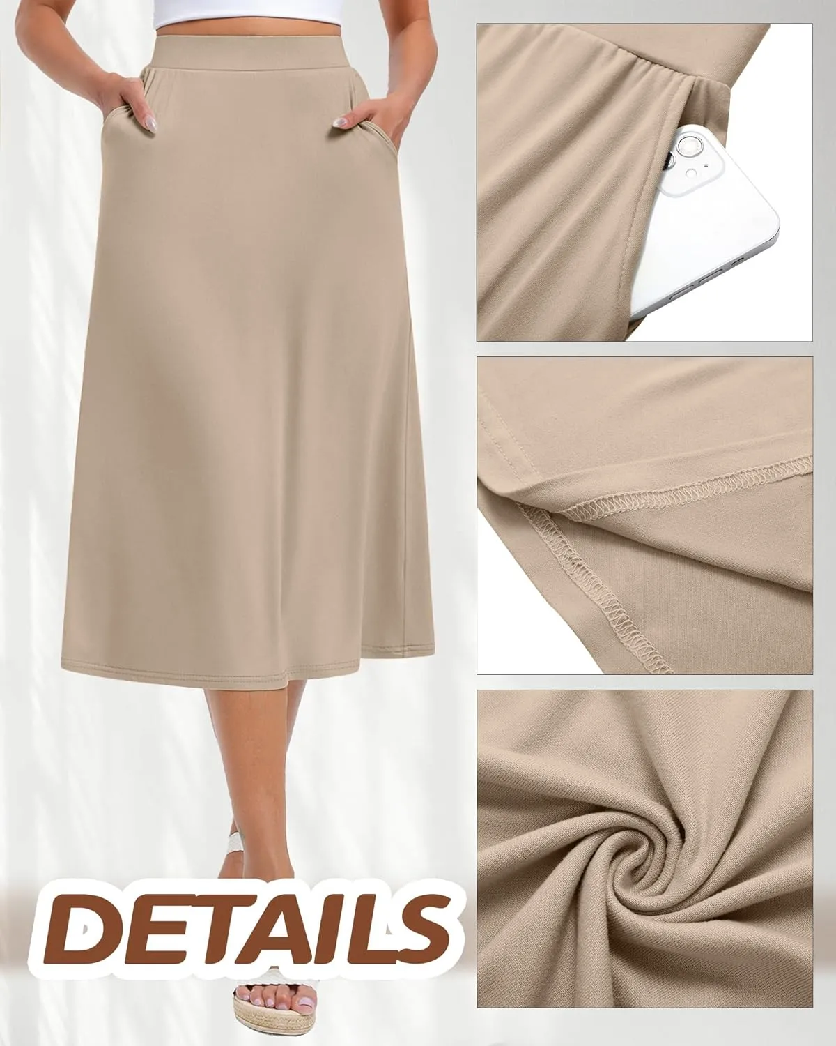 Huukeay 3 Pack Women's Midi Skirts with Pockets A Line Flared Stretchy High Waist Below Knee Skirt Dressy Summer Casual