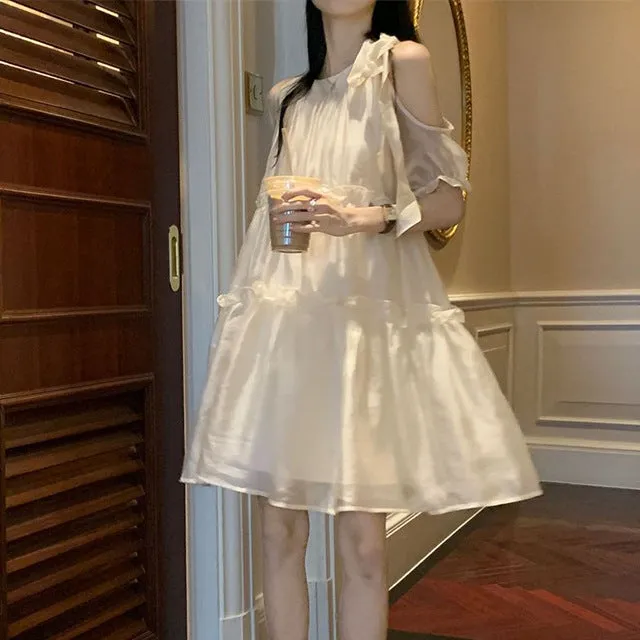 IKERRLAX Sweet Elegant Shoulder-Baring Summer Dress Women's  Gentle Princess Dress Ruffled First Love Fairy Skirt Summer