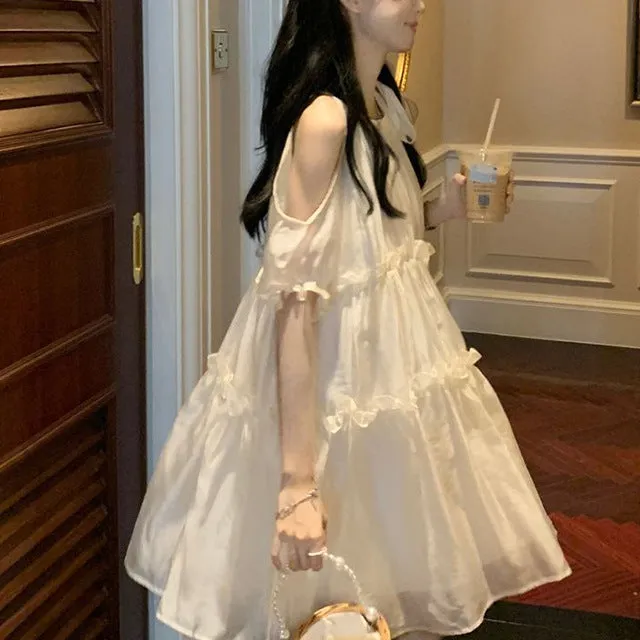 IKERRLAX Sweet Elegant Shoulder-Baring Summer Dress Women's  Gentle Princess Dress Ruffled First Love Fairy Skirt Summer