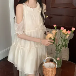 IKERRLAX Sweet Elegant Shoulder-Baring Summer Dress Women's  Gentle Princess Dress Ruffled First Love Fairy Skirt Summer
