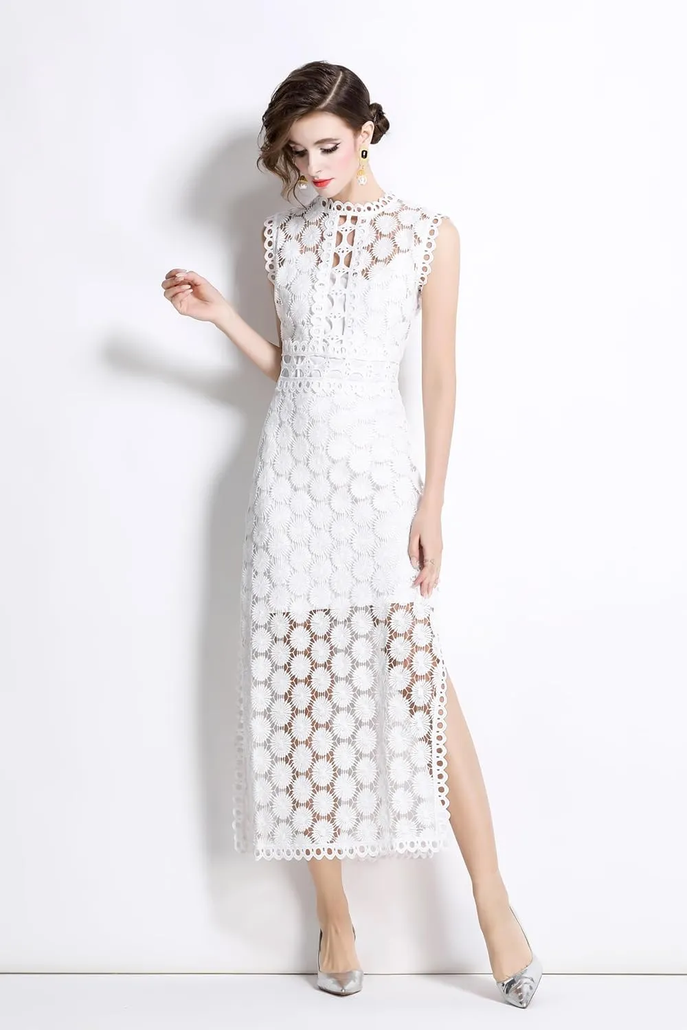 LAI MENG FIVE CATS Women's Summer Lace Eyelet Sleeveless Split Midi Dress with Slip Cami Dress