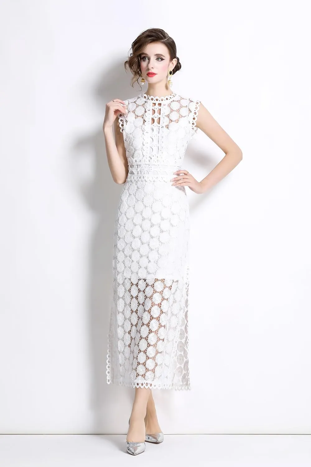 LAI MENG FIVE CATS Women's Summer Lace Eyelet Sleeveless Split Midi Dress with Slip Cami Dress