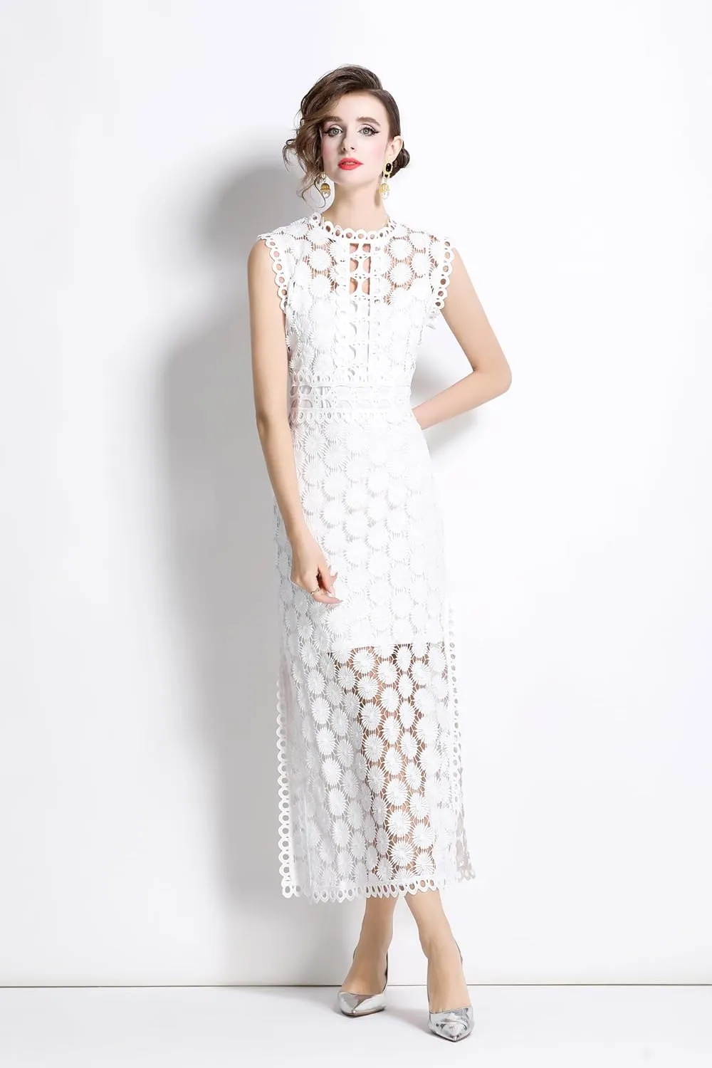LAI MENG FIVE CATS Women's Summer Lace Eyelet Sleeveless Split Midi Dress with Slip Cami Dress
