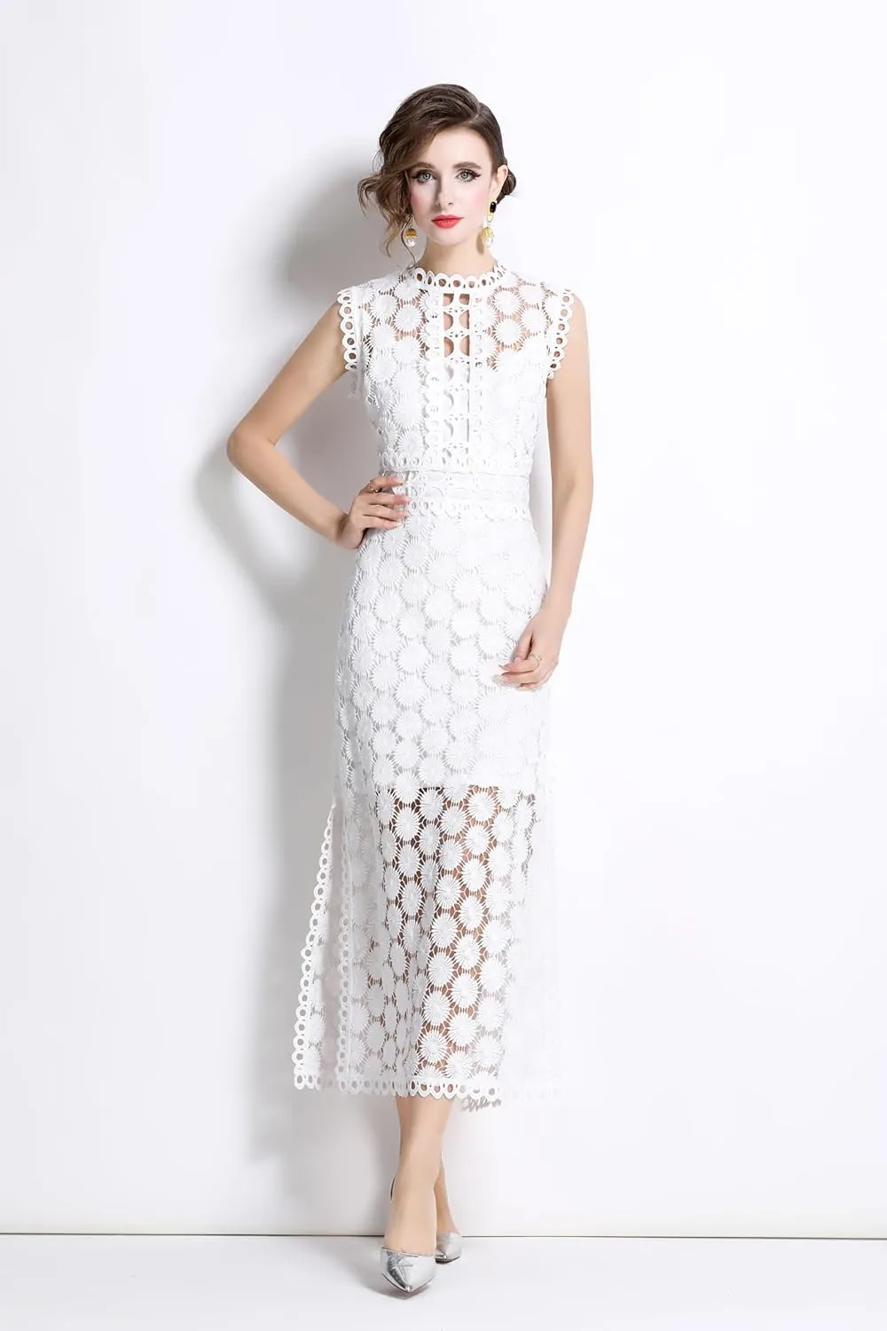 LAI MENG FIVE CATS Women's Summer Lace Eyelet Sleeveless Split Midi Dress with Slip Cami Dress