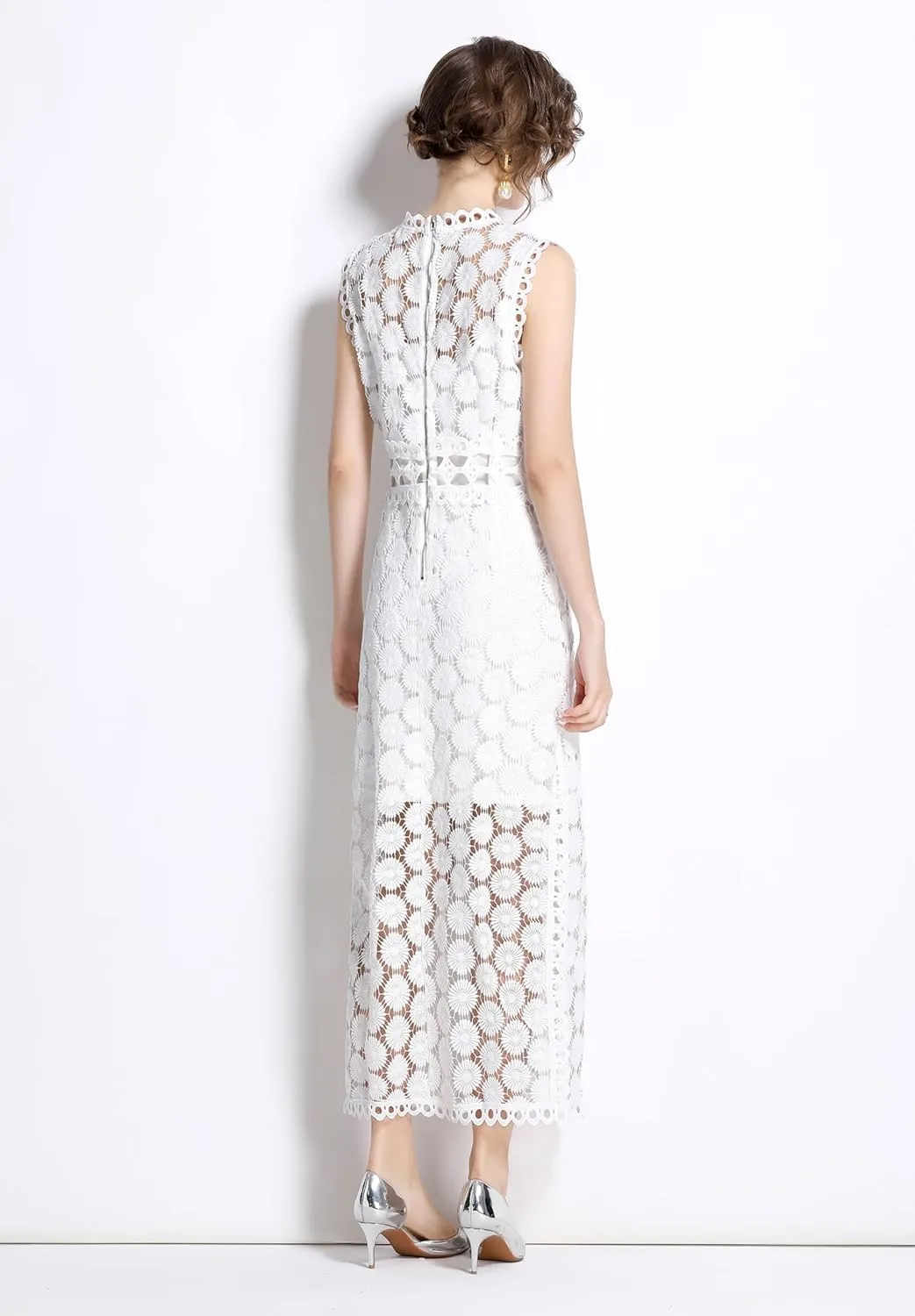 LAI MENG FIVE CATS Women's Summer Lace Eyelet Sleeveless Split Midi Dress with Slip Cami Dress