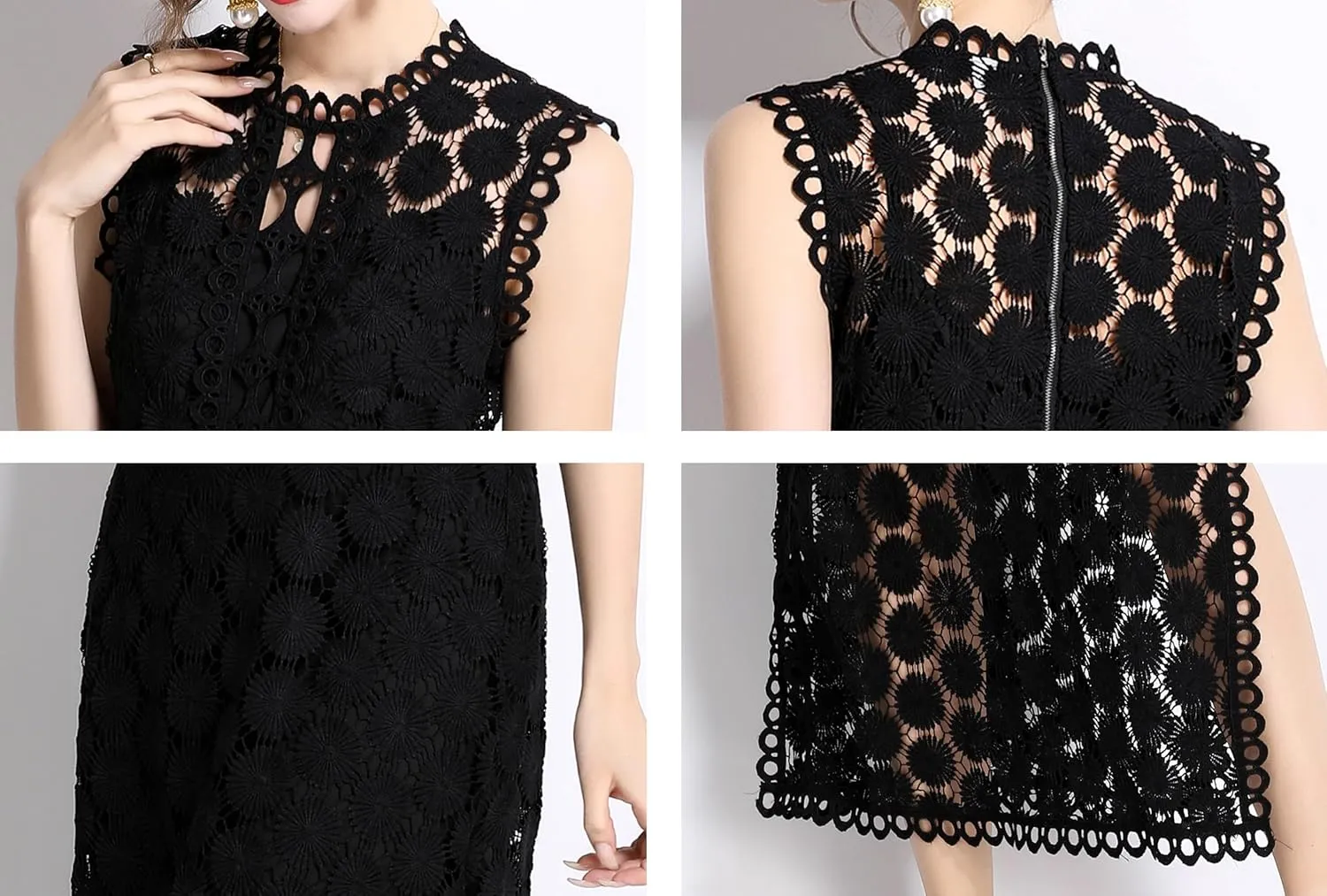 LAI MENG FIVE CATS Women's Summer Lace Eyelet Sleeveless Split Midi Dress with Slip Cami Dress