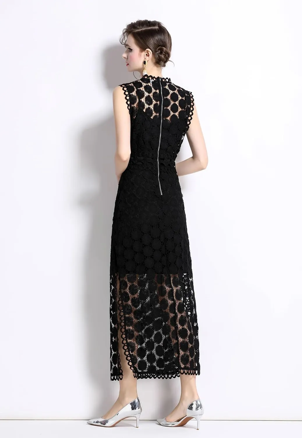 LAI MENG FIVE CATS Women's Summer Lace Eyelet Sleeveless Split Midi Dress with Slip Cami Dress