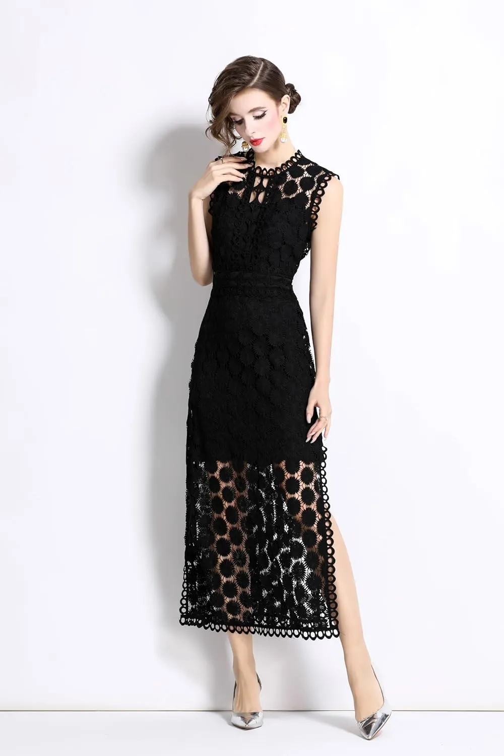 LAI MENG FIVE CATS Women's Summer Lace Eyelet Sleeveless Split Midi Dress with Slip Cami Dress