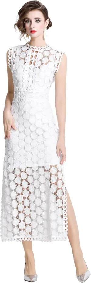 LAI MENG FIVE CATS Women's Summer Lace Eyelet Sleeveless Split Midi Dress with Slip Cami Dress