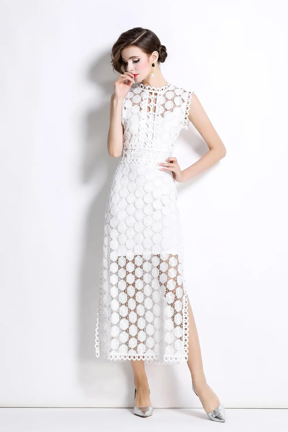 LAI MENG FIVE CATS Women's Summer Lace Eyelet Sleeveless Split Midi Dress with Slip Cami Dress