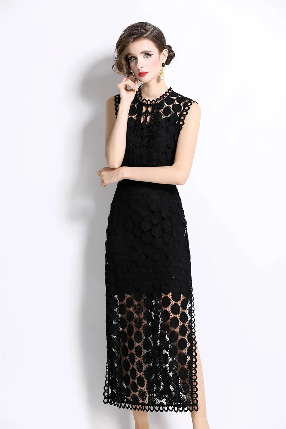 LAI MENG FIVE CATS Women's Summer Lace Eyelet Sleeveless Split Midi Dress with Slip Cami Dress