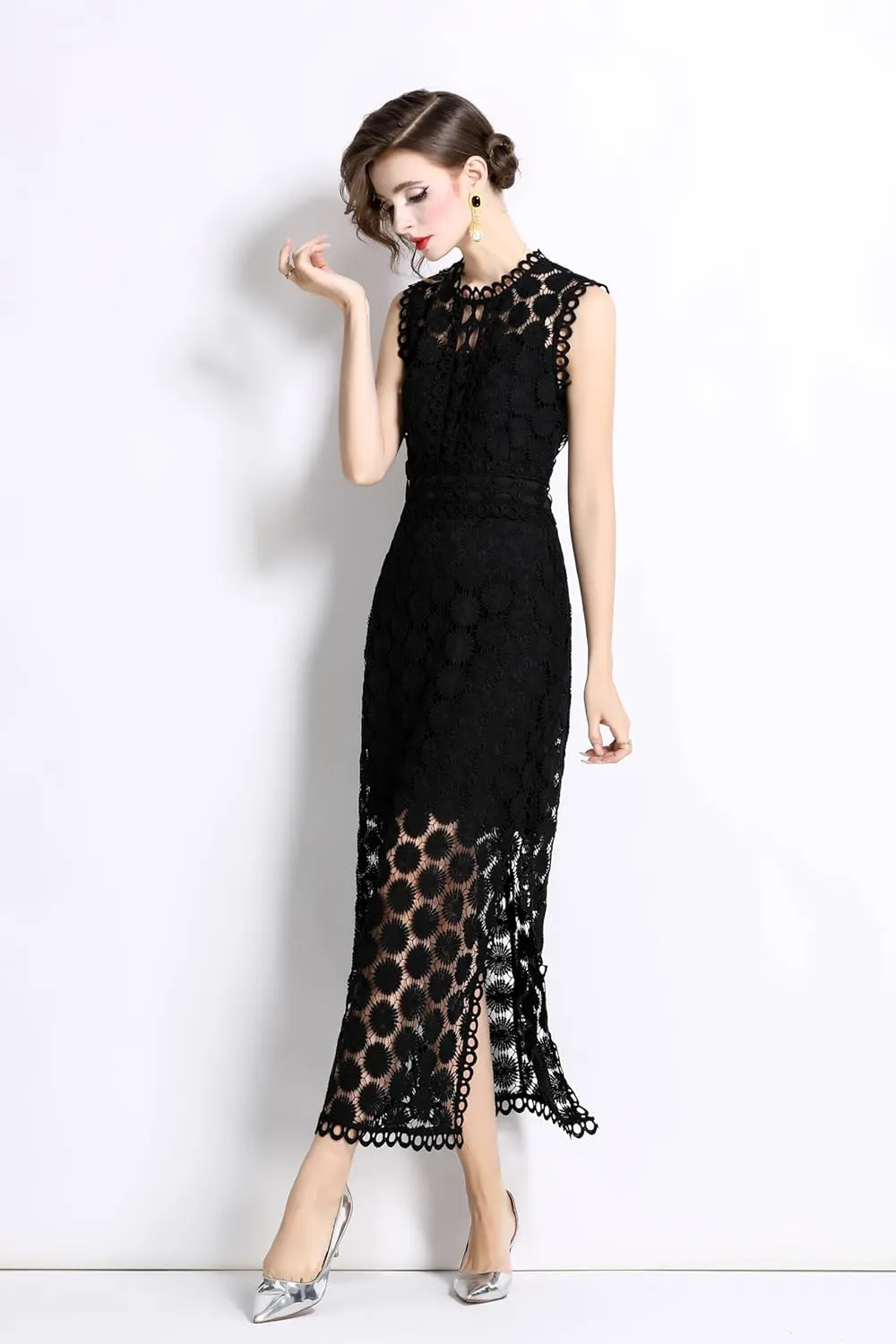 LAI MENG FIVE CATS Women's Summer Lace Eyelet Sleeveless Split Midi Dress with Slip Cami Dress