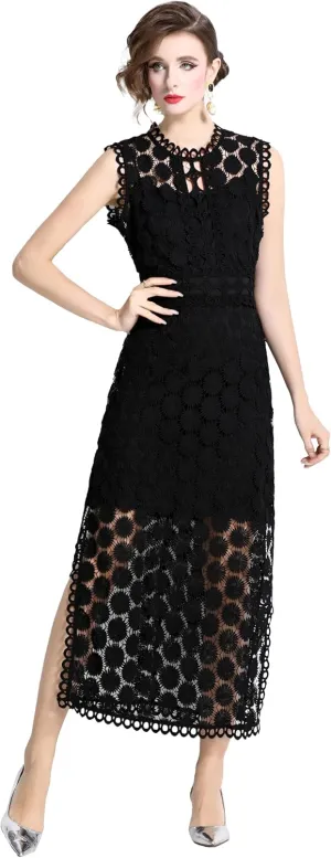 LAI MENG FIVE CATS Women's Summer Lace Eyelet Sleeveless Split Midi Dress with Slip Cami Dress